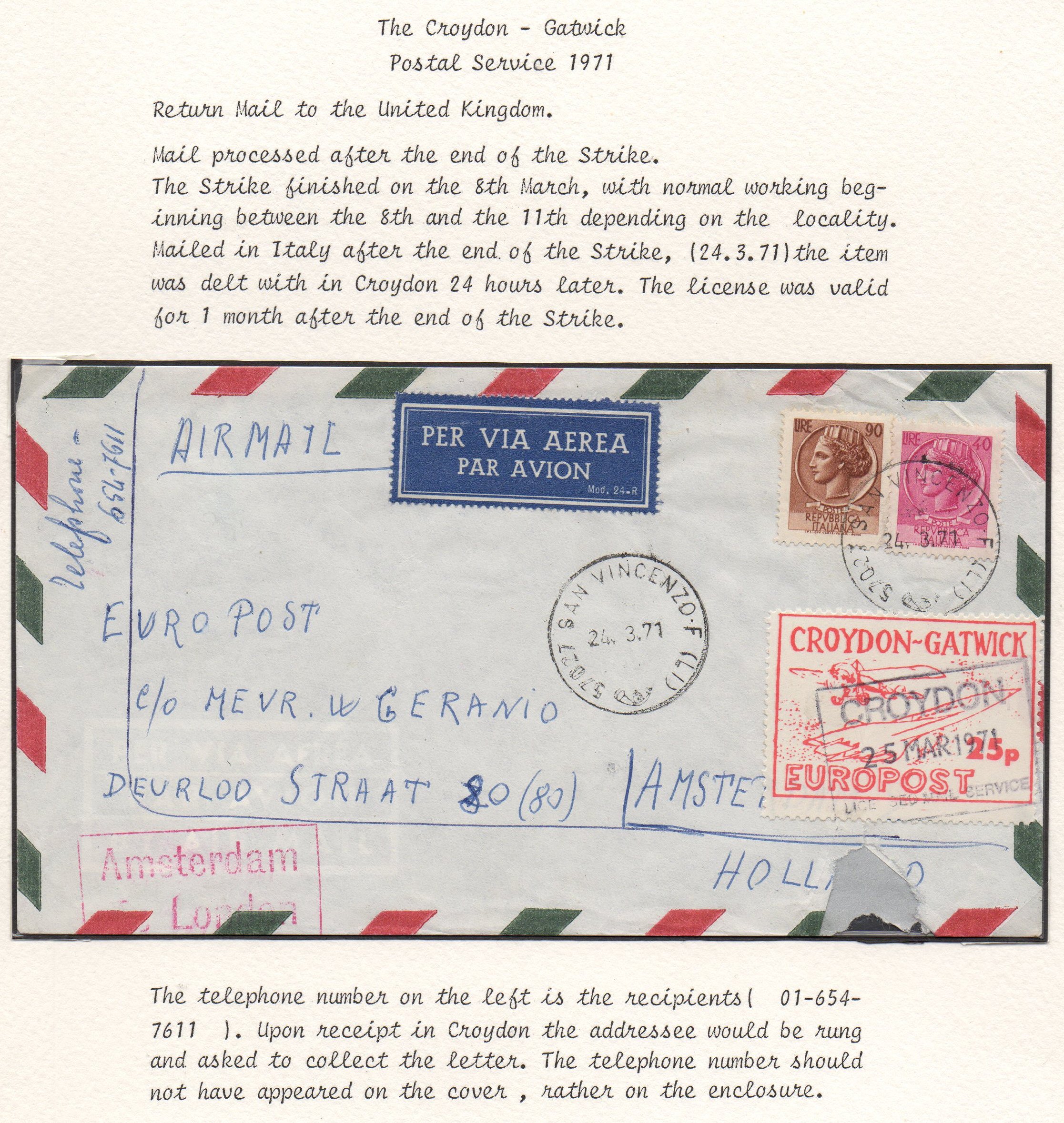 1971 Croydon Gatwick Strike Post 25p, An unusually late departure date for a strike post item, sent from Italy March 24th 1971, received next day in Croydon despite travelling via Amsterdam